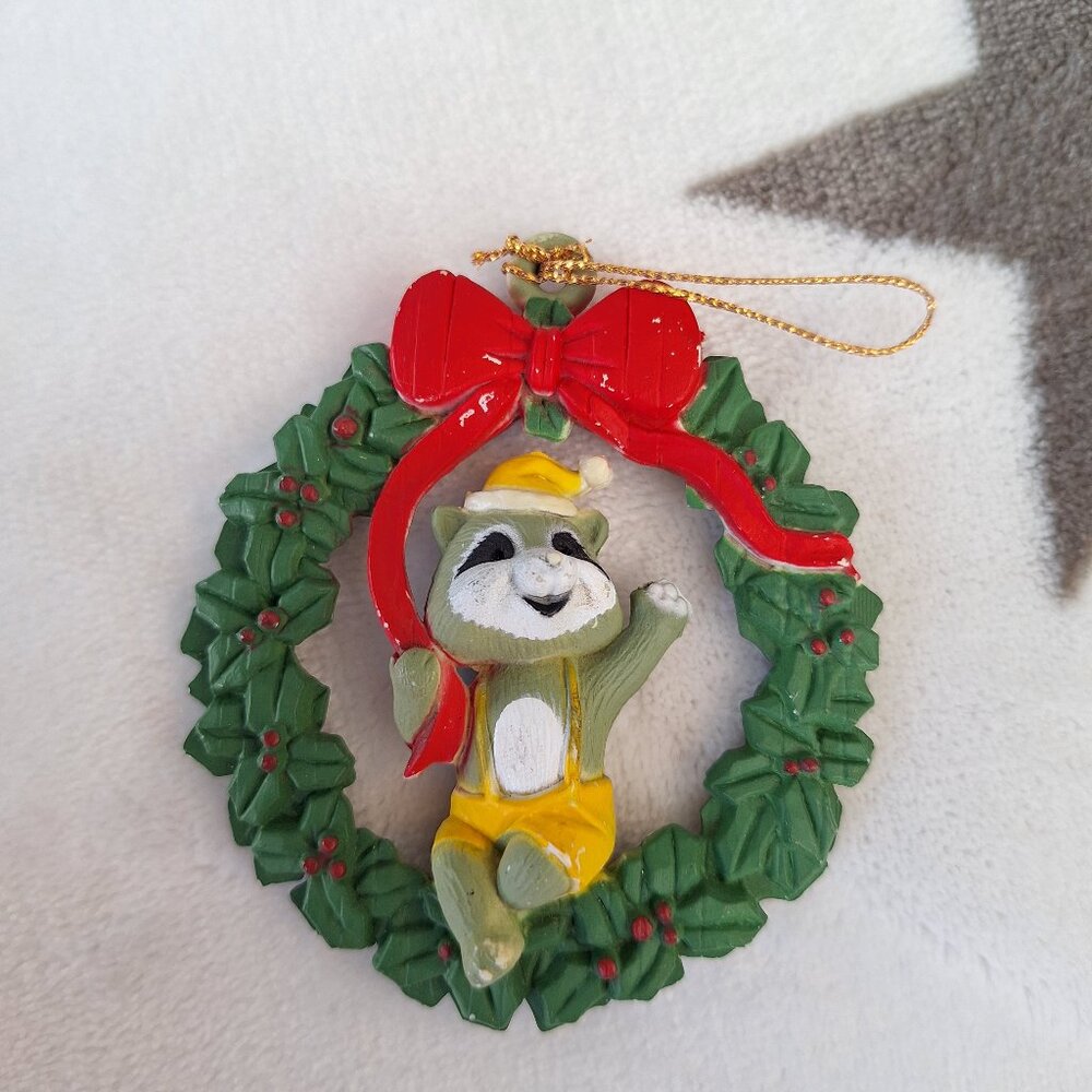 Raccoon in Wreath Vintage Christmas Ornament‎ Unique Fun Holiday Decor 3 Inches